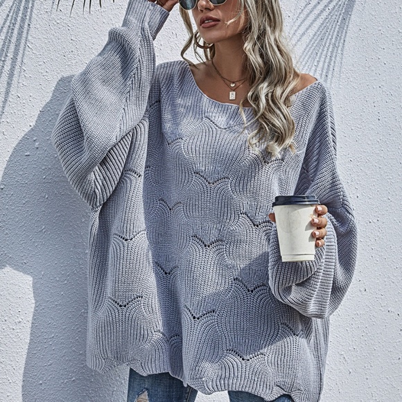 grey oversized loose fit scallop  sweater - Picture 6 of 6